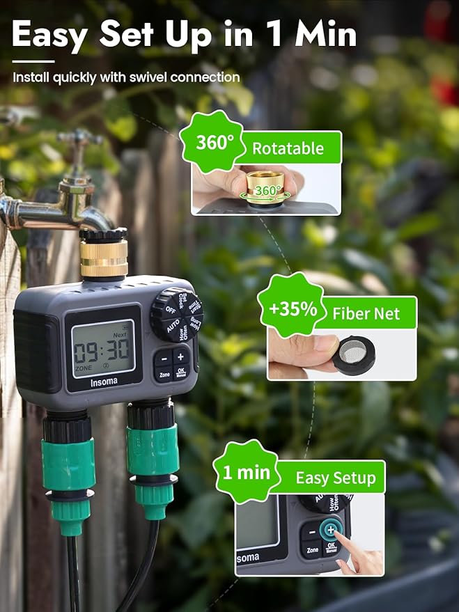 Insoma Hose Timer 2 Zones Brass Inlet, Water Timer for Garden Hose, Sprinkler Timers with Rain Delay/Manual/Auto Mode, Faucet Timers 2 Outlet for Garden Watering, Lawn, Yard