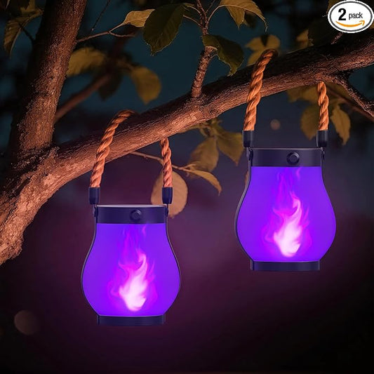 Hompavo Gen2 Solar Lanterns Outdoor with Ultra-Real Flame, Dual Charging (USB/Solar) & 2 Modes - Waterproof Decorative Hanging/Table Lights for Patio Garden Halloween Decorations, 2/Purple