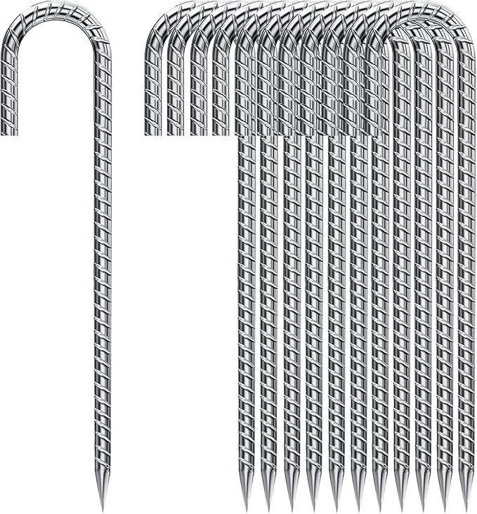 Ground Stakes 12 Inch, Yard Camping Stakes J Shaped 20 Pack Rebar Heavy Duty for Garden Dog Fence Inflatable Camping Chicken Coop Accessories