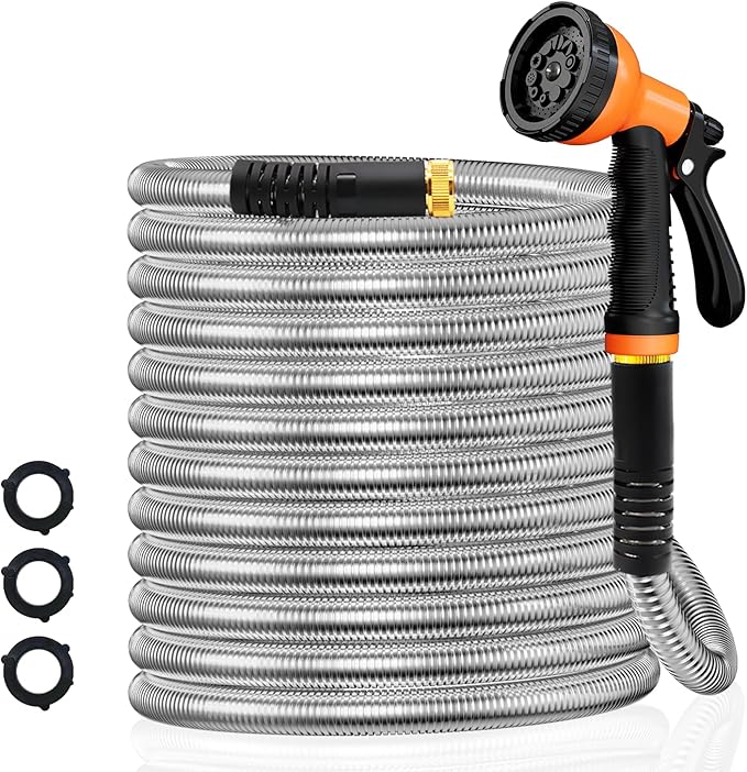 Besiter Garden Hose 100FT Stainless Steel Water Hose with 10 Functions Adjustable Spray Nozzle, Heavy-Duty Metal Garden Hose Flexible Durable No-Tangle & Kink Leak Dog Proof Hose for Yard Lawn(Orange)