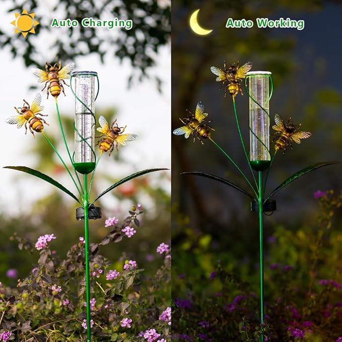 Solar Rain Gauge with 7-Inch Plastic Tube, Bee Rain Gauge Outdoor-Decorative Rain Water Gauges Garden Stake for Yard, Lawn, Patio