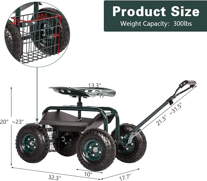 Peach Tree Garden Cart Rolling Work Seat with Tool Tray Heavy Duty Scooter Gardening Planting