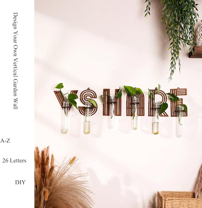 Wood Letter Wall Planter Terrariums Propagation Station with Test Tube Clear Flower Vase for Hydroponics Custom Vertical Garden Walnut DIY Home Decor Hanging Plant Holder Alphabet
