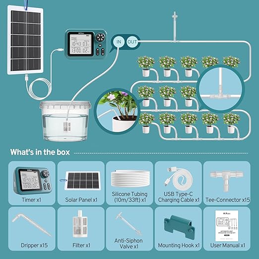 Solar Automatic Drip Irrigation System for Indoor Plants, HiOazo Automatic Watering System with 4W Solar Panel & USB Charging for Garden Farm Greenhouse (Supported 15 Pots)
