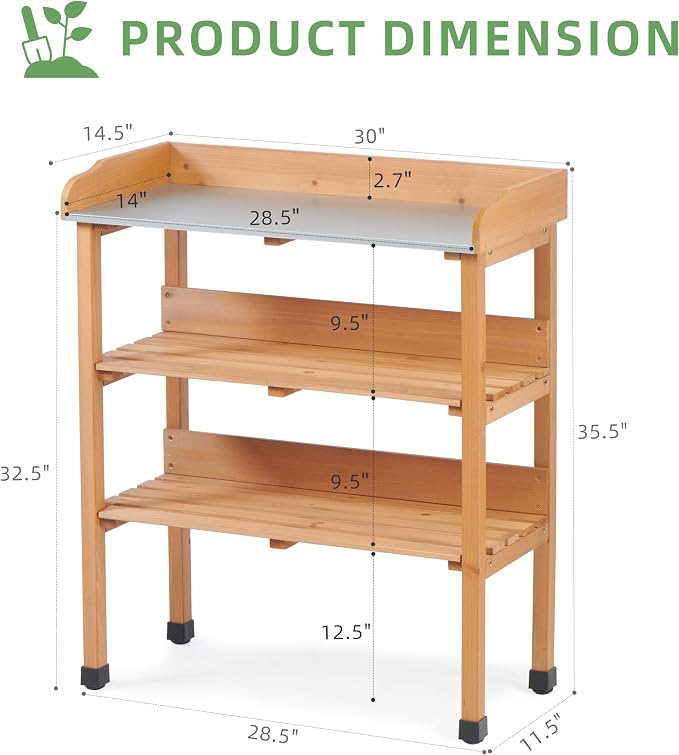 Outdoor Wooden Potting Bench Table, Garden Wood Workstation Planting Table with Metal Top, Storage Shelf, and 3 Hooks for Gardening, Light Brown