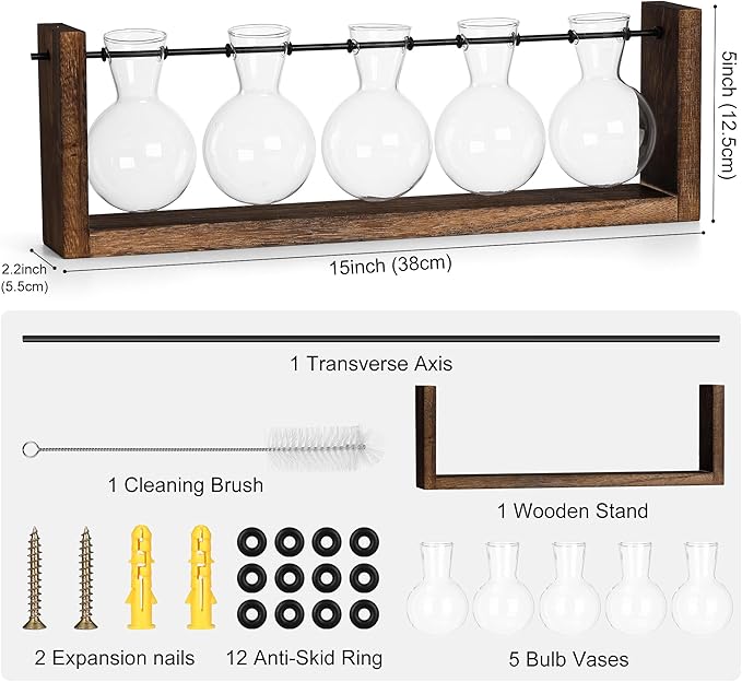 YIBOT Wall Hanging Glass Planter Plant Propagation Vase-5 Bulb Glass Vases | Plant Terrarium with Wooden Stand,Indoor Home Office Living Room Decor Gifts