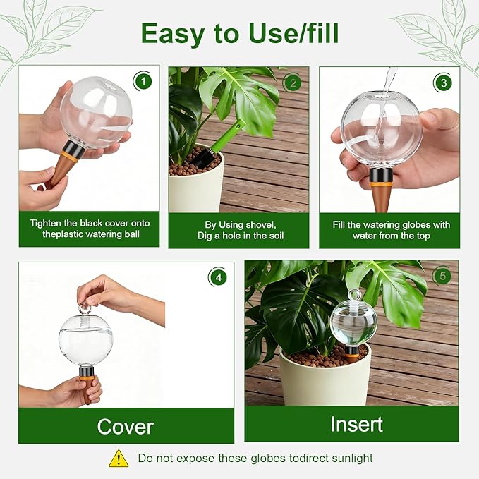 2 Pcs Plant Self Watering Globes with Covers，Self Watering Planter Insert,Automatic Plant Waterer Indoor ，17.5 oz Watering Bulbs with Terracotta Watering Spikes with Shovel(clera)