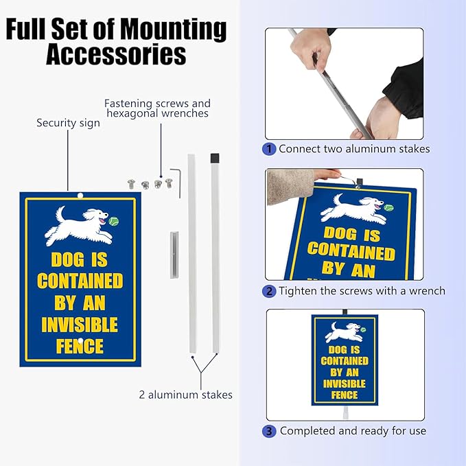 Dog Is Contained by An A Invisible Fence Yard Sign With Stake Reflective Aluminum Rustproof Attention Garden Lawn Dog Sign Stand For Home Garden Street Decorations Outdoor (8x12) IN