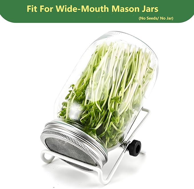 Sprouting Lids Growing Kit - 316 Stainless Steel Sprouting Lids for 86mm Wide Mouth Mason Jar with Adjustable White Stands - Organic Sprouts, Broccoli, Alfalfa Mung Bean Sprout Kit (Set of 4)