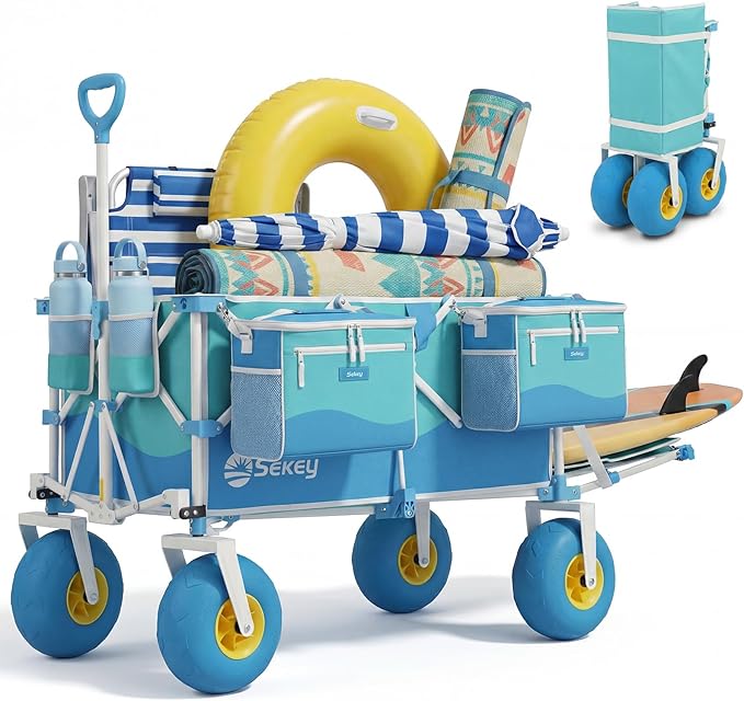 Sekey Heavy Duty Beach Wagon with 9" Big Sand-Proof Wheels, 300L Oversized Foldable Beach Cart with Cooler| Adjustable Handle & Balloon Tires for Sand, Camping,Vacation