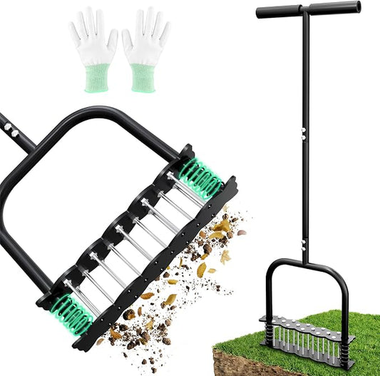 Manual Aerator Lawn Tool, Heavy Duty 35" Lawn Aerator Tool with T-Handle, 14 Spikes Automatic Rebound Aerating Tool, Anti-Clog Aerators Detachable Soil Aeration for Garden Lawn, Yard, Patio and Grass