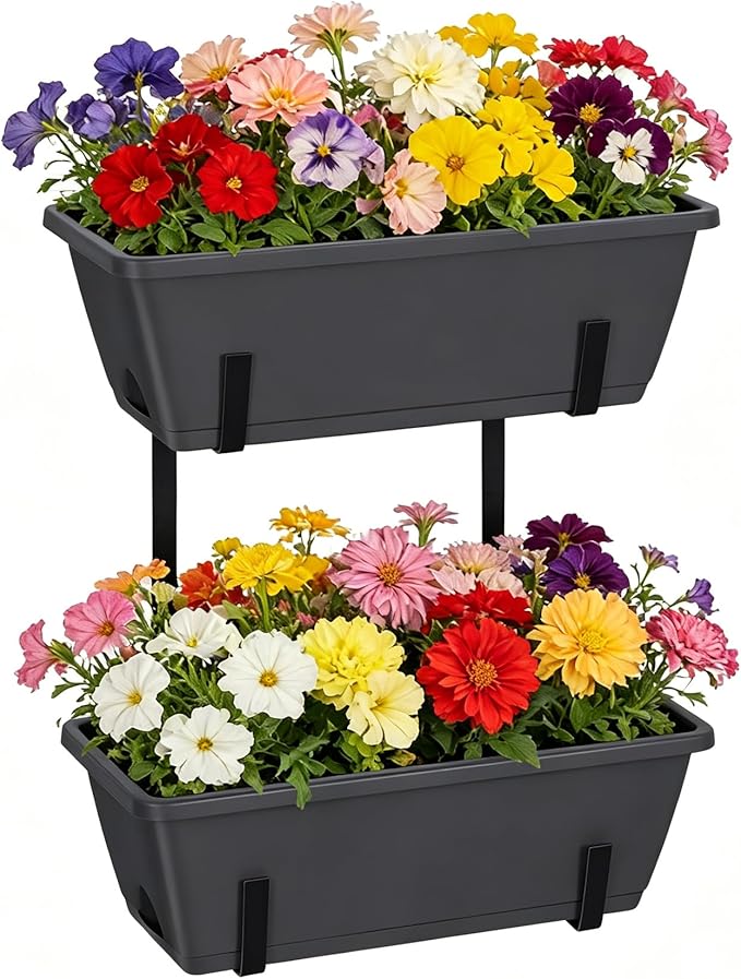 Railing Planter Box 2 Pack Rectangular Window Boxes Planters with Double Adjustable Brackets, Balcony Deck Railing Hanging Planters Herb Flower Pots for Indoor Outdoor Plants Garden Fence Rail