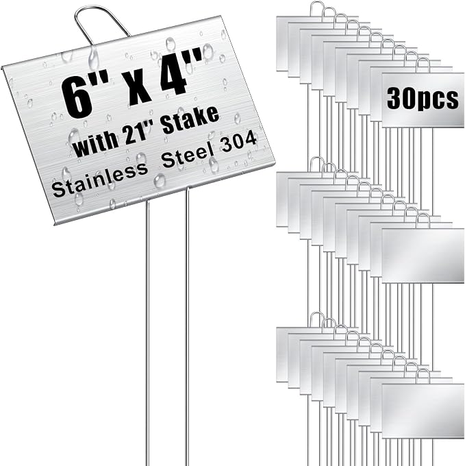 Landhoow 30 Pcs Large Garden Plant Markers Metal Plant Labels Sign 6'' x 4'' with 21'' Stake Weatherproof Waterproof Garden Sign for Outdoor Seedlings Herbs Vegetable Greenhouse, Silver