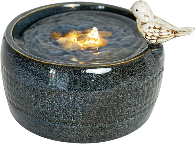 Foreside Home and Garden 8.86" Blue Porcelain Perched White Bird Natural Pebbles Fountain w/LED Lights All Seasons Spring Summer Living Room Coffee Table Kitchen Dining Dinner Table Office Bedside