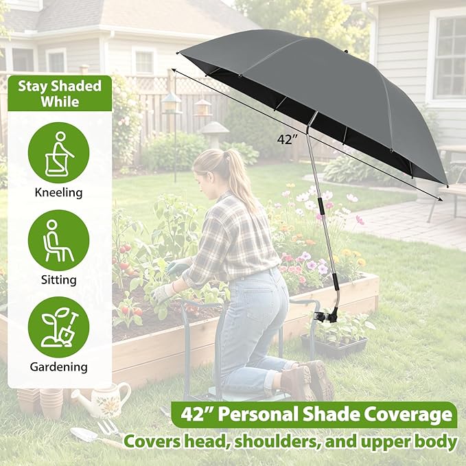 Garden Kneeler Umbrella,42” Large Chair Umbrella with Universal Clamp, 360°Swivel and UPF 50+ Protection,Folding Clip on Umbrellas for Garden Seat Bench Beach Chairs Strollers Golf Carts, NO KNEELER