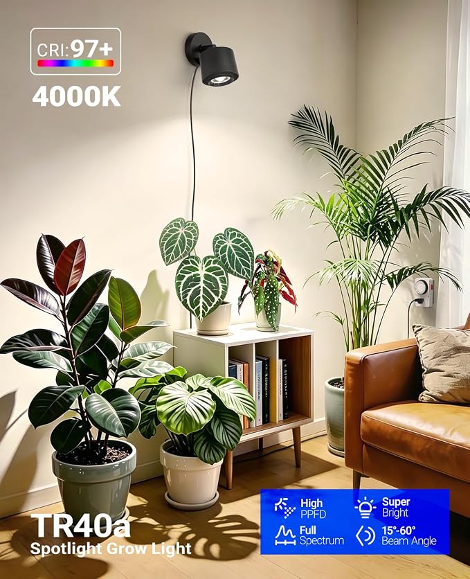 Barrina TR40a Track Grow Lights for Indoor Plants, 15°-60° Adjustable Beam Angle, 40W 4000K Full Spectrum LED Plant Light, High PPFD Spotlight Grow Lamps with Timer for House Plants, 1-Pack, Black