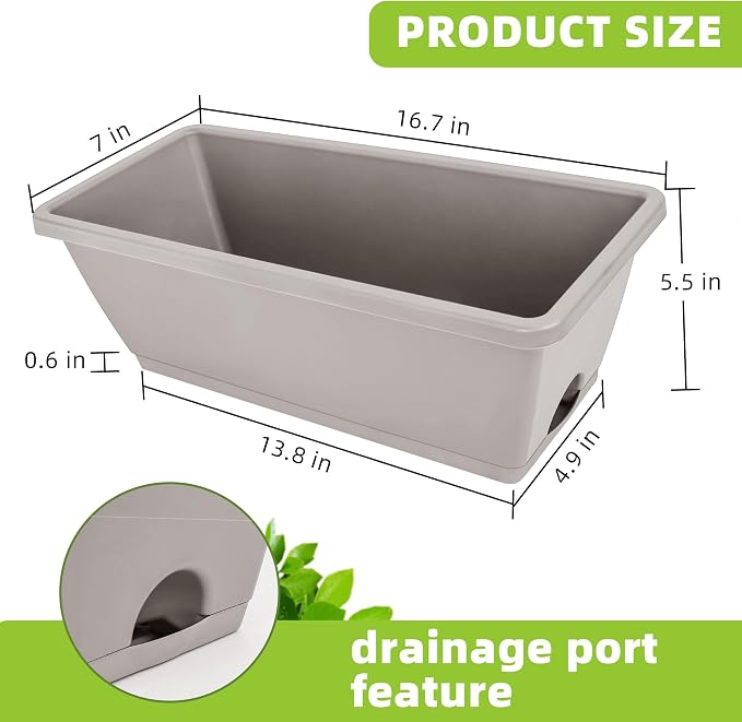 LOCONHA Window Box Planter, Plastic Vegetable Flower Planters Boxes 17 Inches Rectangular Flower Pots with Saucers for Indoor Outdoor Garden, Patio, Home Decor (7, French Grey)