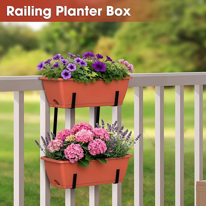 Railing Planter Box, 2 Pack Deck Hanging Planters for Railings, 16.9 Inch Balcony Planters Railing Hanging with Metal Brackets, Black & Red