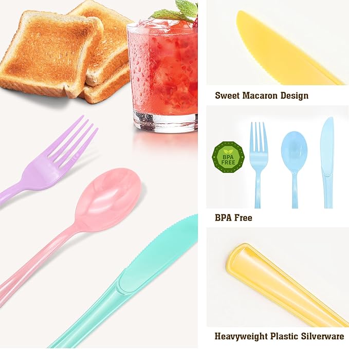 50 Pcs Pastel Plastic Forks, Pastel Plastic Silverware, Heavy Duty Plastic Cutlery Set Disposable Utensils Sets for Brithday, Wedding, Tea Party, Garden Party