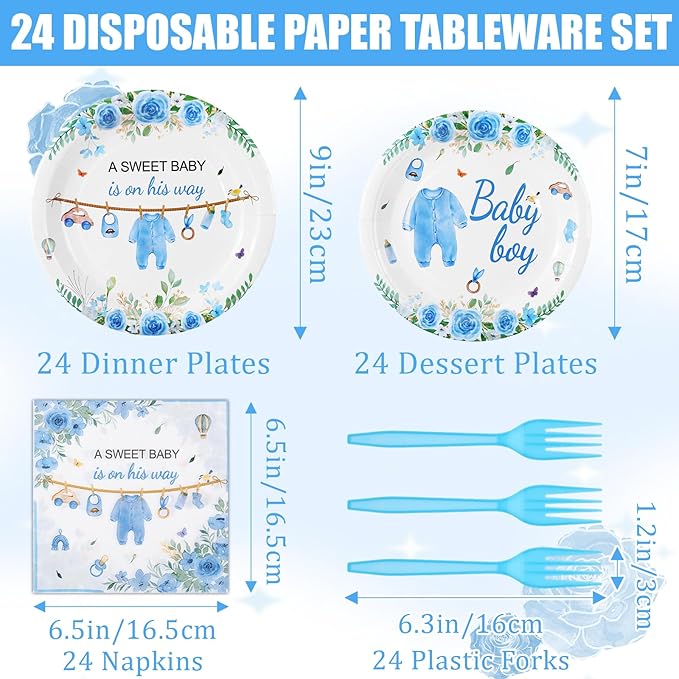 96 Pcs Wildflower Party Decorations Plates and Napkins Forks Floral Blue Disposable Paper Tableware Set for Birthday Flower Gender Reveal Spring Garden Party Supplies for 24 Adult Guests