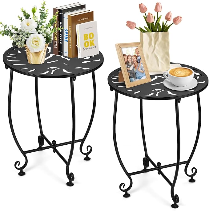 2 Pack Small Outdoor Side Tables for Patio, 14 Inch Metal Patio Side Table, Weather Resistant Steel Outdoor Round End Table for Patio Porch Garden Yard Balcony, Black (Turtle Leaf)
