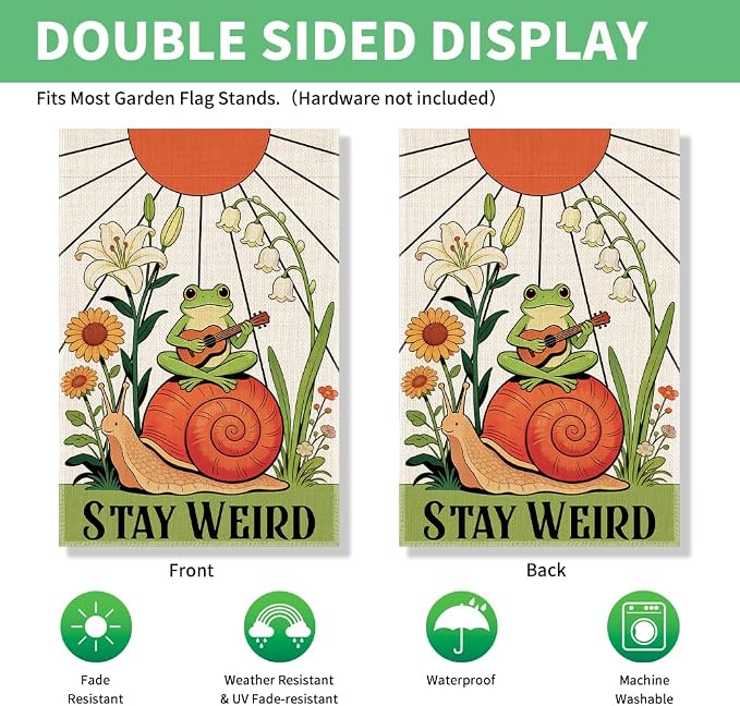 Perfectinsoy Stay Weird Funny Garden Flag, Human Rights LGBTQ Yard Banner, Equality Human Rights Outdoor Sign, Cute Frog Snail Flags, Welcome Yard Farmhouse Lawn Outdoor Decor, Housewarming Flag Gifts
