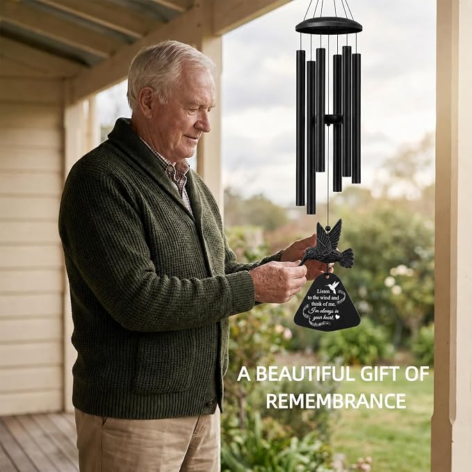 36" Memorial Wind Chimes for Outside, Sympathy Gift for Loss of Loved One, Hummingbird Wind Chime for Mom Dad, Bereavement Remembrance Funeral Condolence Gift（Black）