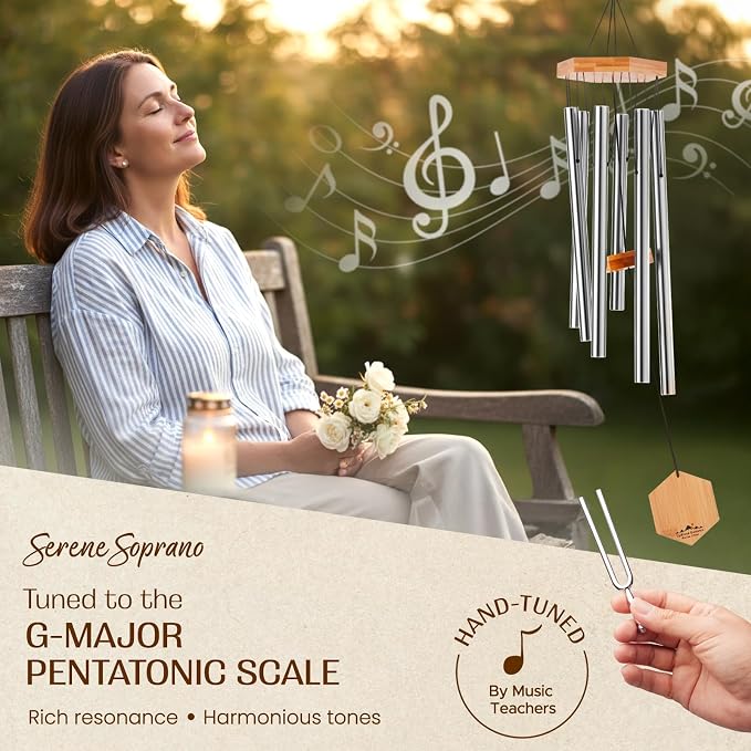 Silver Wind Chimes for Outside, 29 Inch Hand Tuned G Major Pentatonic Wind Chime, Memorial Sympathy Gift for Loss of Loved One, Deep Tone Aluminum Bamboo Garden Patio Porch Decor