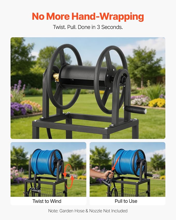 VEVOR Freestanding Garden Hose Reel, Holds 125 Feet of 5/8-inch Hose, Wall Mount or Ground Mount, Detachable Holder Stand with Storage Rack, 5 ft Leader Hose, Brass Fitting, 4 Spikes, for Backyards