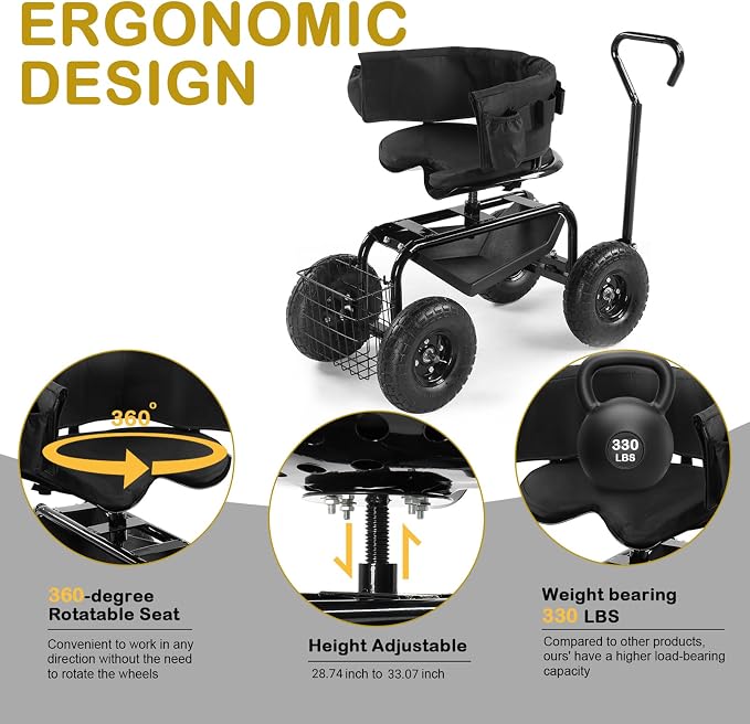 Outvita Rolling Garden Seat with Wheels, Gardening Stool with Height Adjustable 360 Degree Swivel Seat, Ergonomic Backrest, Tool Tray & Storage Basket, Outdoor Gardening Scooter Cart for Patio, Black