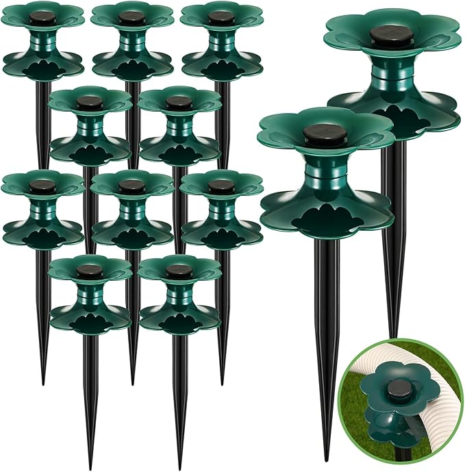 Blulu 12 Packs 9.84 Inch Garden Hose Guide Spike, Flower Shaped Water Hose Holder Spike Stand with Stake, Heavy Duty Green, Keeps Garden Hose out of Flower Beds, for Plant Protection
