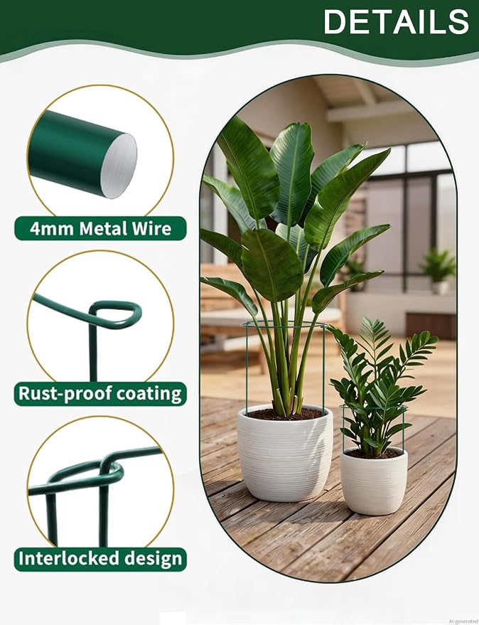 12 Pack Plant Support Stakes, 10" W x 16" H Metal Peony Cages and Supports, Green Half Round Garden Plant Support Ring for Outdoor Indoor Plants, Rose, Hydrangea, Tomato, Snake Plant
