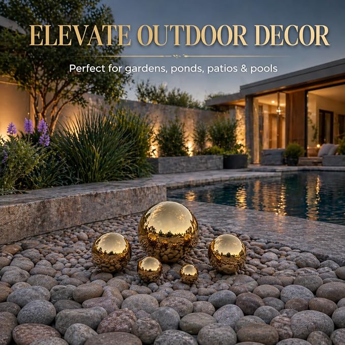 Nerien Gazing Ball, Stainless Steel Garden Mirror Globe, Polished Ornament Sphere, Hollow Floating Reflective Hemisphere, for Home Outdoor Pond Housewarming Swimming Pool Decoration, Gold, 5Pcs Mix