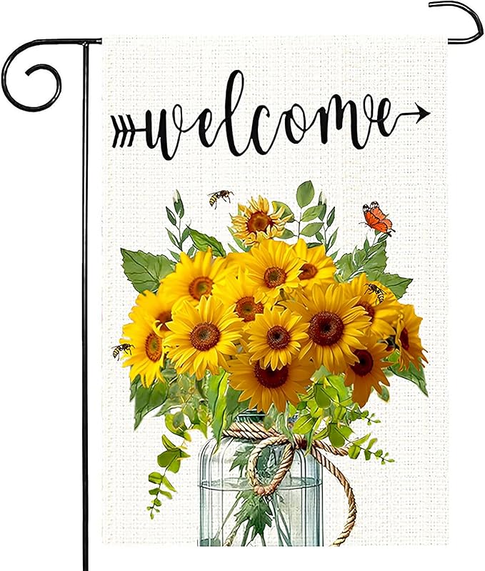 Summer Garden Flag Yellow Sunflower Mason Jar Double Sided 12x18 Inches Bee Welcome Small Yard Flag Burlap Welcome Yard Decoration for Outside Porch