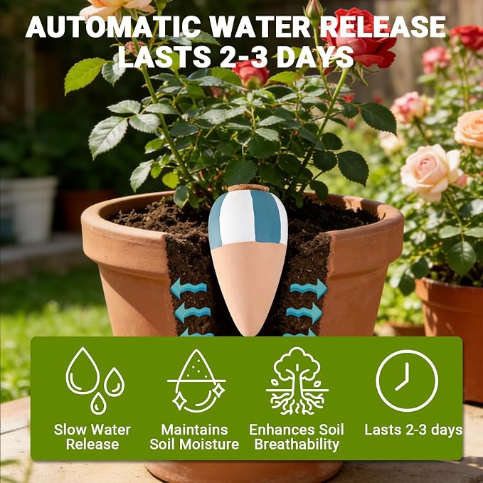 RoseFlower Terracotta Watering Spikes, Self Watering Planter Insert, Clay Watering Spikes, Vacation Automatic Plant Waterer Plant Watering Devices for Indoor Outdoor Home Office Plants