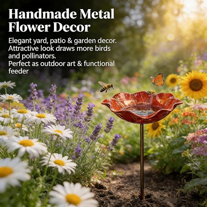 Metal Flower Garden Stakes Bird Bath Handmade, Bee Watering Station, Bees Bath for Garden Metal Bee Water Feeder with Flower Design, Colorful Butterfly Bees Bath Bowl for Outdoor Yard Decor