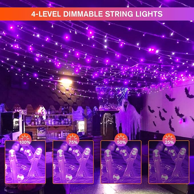 JMEXSUSS Halloween Lights, 8 Modes Waterproof Orange and Purple Light Outdoor Plug in, Clear Wire Halloween String Lights Indoor Bedroom 500 LED Orange and Purple 163 FT