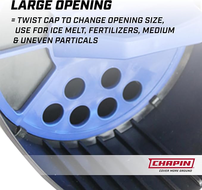 Chapin 8740A: 64-Ounce Black Poly Hand Shaker Spreader for Turf, Fertilizer, Grass Seed, Salt and Sand, Year-Round Use, Large Grip Handle with 3 Openings for Pellets and Particles
