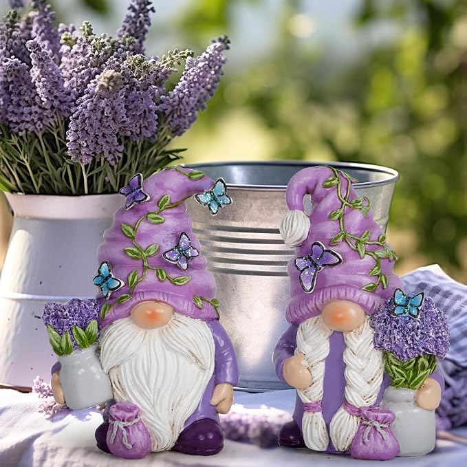 Hodao 2 Pcs Lavender Gnome Set – Spring & Summer Swedish Tomte Elf Figurines for Indoor Home Decor, Tiered Trays, Patios, Gardens for Mom, Grandma, Friends, Seasonal Decorations