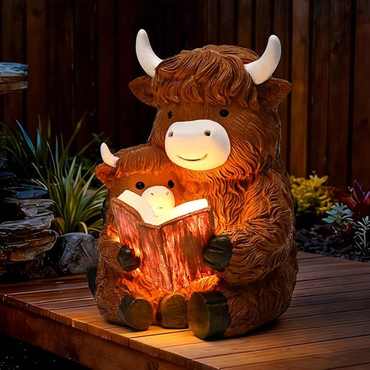 GIGALUMI Solar Highland Cow Decor 8" Garden Statue, Outdoor Decor, Decoration with Light for Patio Yard Lawn Balcony, Christmas/Birthday Gifts for Mom Women