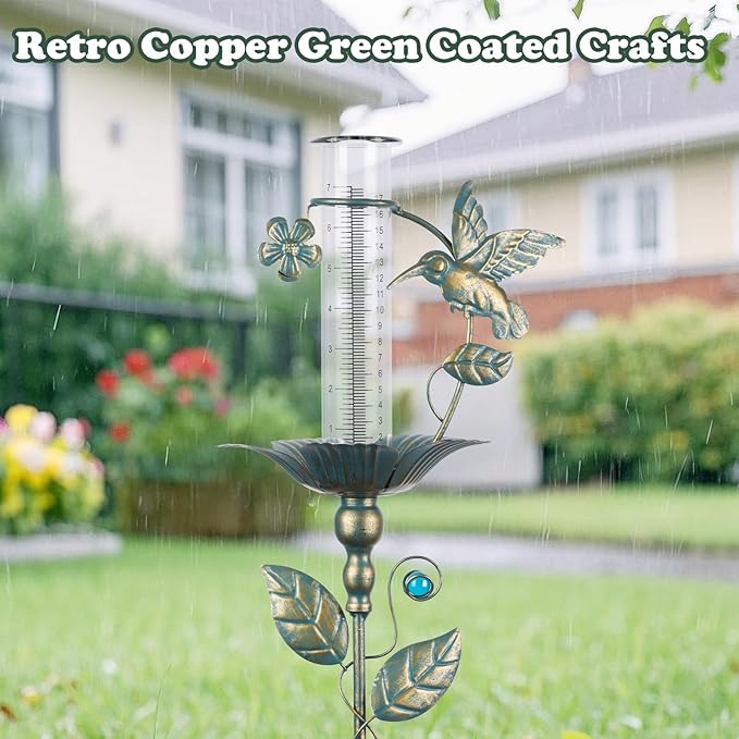 Rain Gauge Outdoor - 7" Glass Rain Gauges Tube - Hummingbird Rain Gauge Outdoor Decorative for Yard Garden, Freeze Proof Height Adjustable, Metal Water Gauge for Rain