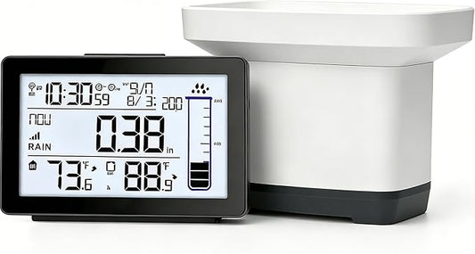 Digital Rain Gauge Outdoor with Thermometer, Self-Emptying Wireless Rain Gauges Outdoors Best Rated, Freeze Proof Automatic Rain Measure Gauge for Yard, High Precision Electronic Rain Collector