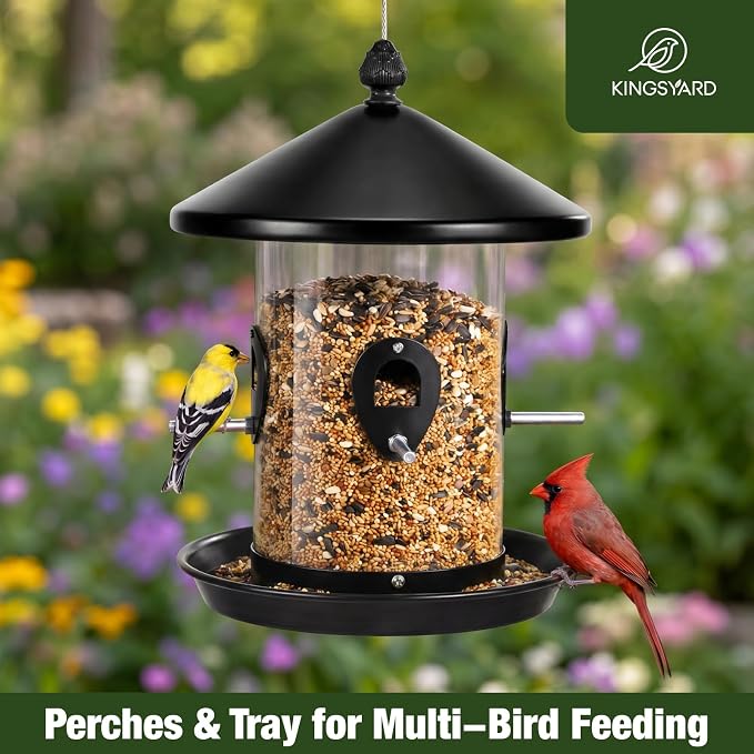 Kingsyard 4.5-Cups Large Metal Bird Feeders for Outdoors Hanging with 8 Ports, Tube Bird Feeder with Seed Tray, Weatherproof Chew Proof Roof for Cardinal Finch, Black