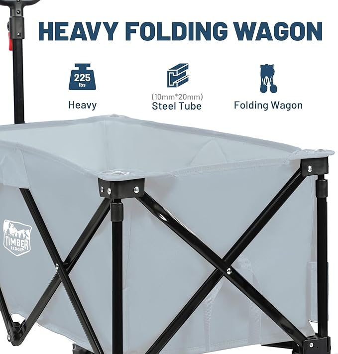 Timber Ridge Outdoor Collapsible Wagon with Brakes Utility Folding Cart Heavy Duty All Terrain Wheels for Shopping Camping Garden with Side Bag and Cup Holders, Blue