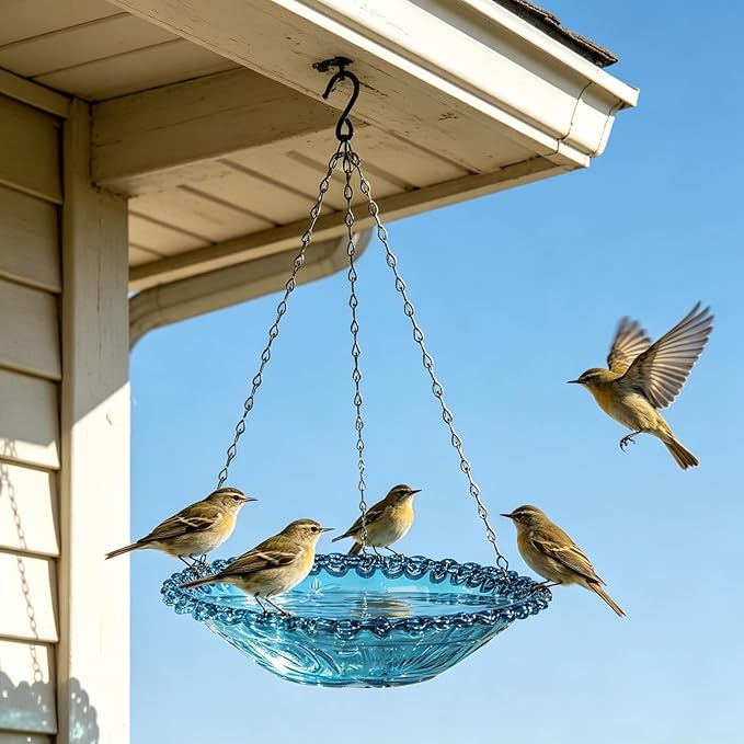 2 Pack Hanging Bird Baths Bowl Outdoor Bird Feeder 15.7 Inch Metal Chains, Weather-Resistant Hanging Bird Feeder & Bath Tray for Garden, Patio, Backyard Wildlife Decor (2P Blue)