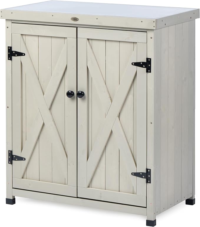 HABAU Outdoor Storage Cabinets Weatherproof for Patio, Garden Work Bench with Shelves & Metal Tabletop, Wooden Potting Table Workstation