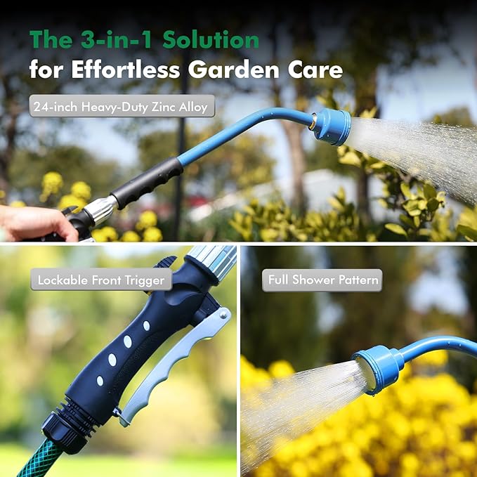 RESTMO Heavy Duty Full Metal 24 Inches Watering Wand, Gentle Soft Full Shower Sprayer Wand with Lockable Front Trigger, Hose Wand for Hanging Baskets, Shrubs, Plants, Flowers, Garden and Lawn, Blue