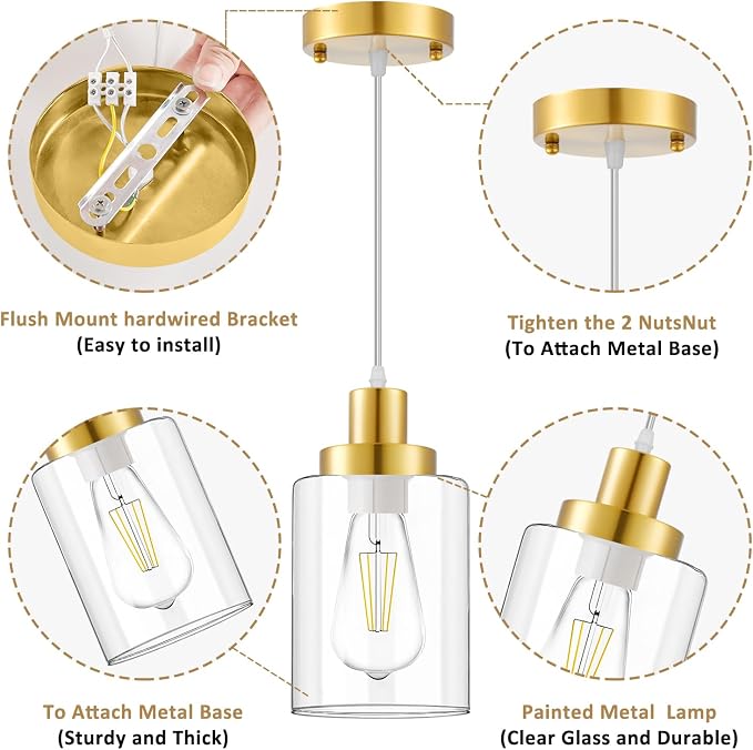 Industrial Pendant Lighting, Modern Clear Glass Shade Pendant Lights, Adjustable Hanging Light Fixtures, Farmhouse Pendant Lighting for Kitchen Island Living Room Bedroom Hallway 3-Pack (Gold)
