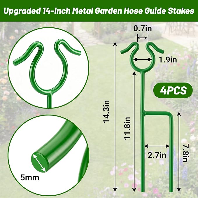 14 inch Garden Hose Guide Spike, Metal Hose Guides for Garden Heavy Duty Rustproof Coated Stake Keeps Water Hose Out of Flower Beds for Outside Lawn & Yard Plant Protection (Green - 4 Pack)