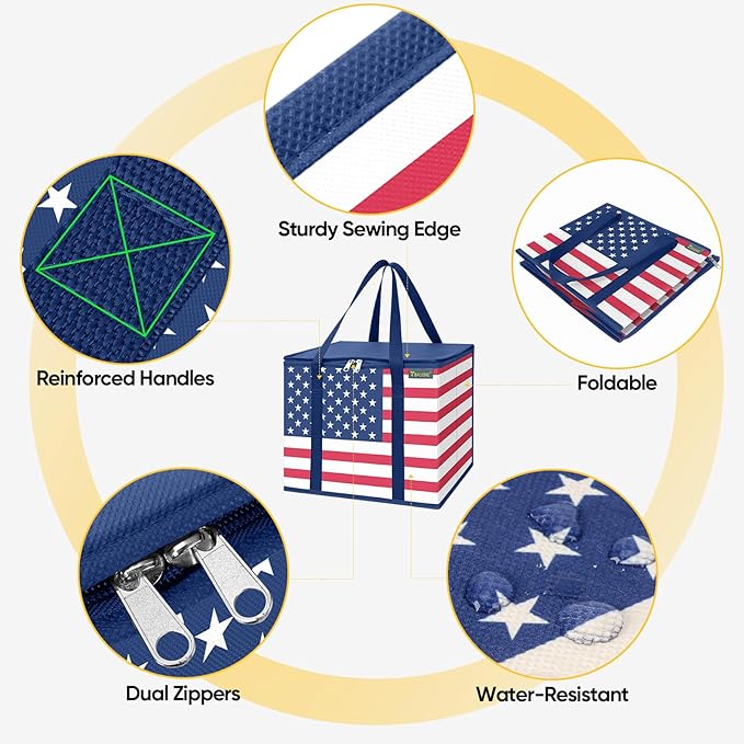 BALEINE 1Pk Insulated Reusable Grocery Bags, Foldable Shopping Bags for Groceries with Reinforced Bottom & Handles (Patriot Celebration)